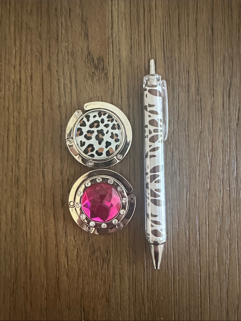 3fer 2 purse hooks, pink and Leopard Print Purse Hook in Silver and Pen
